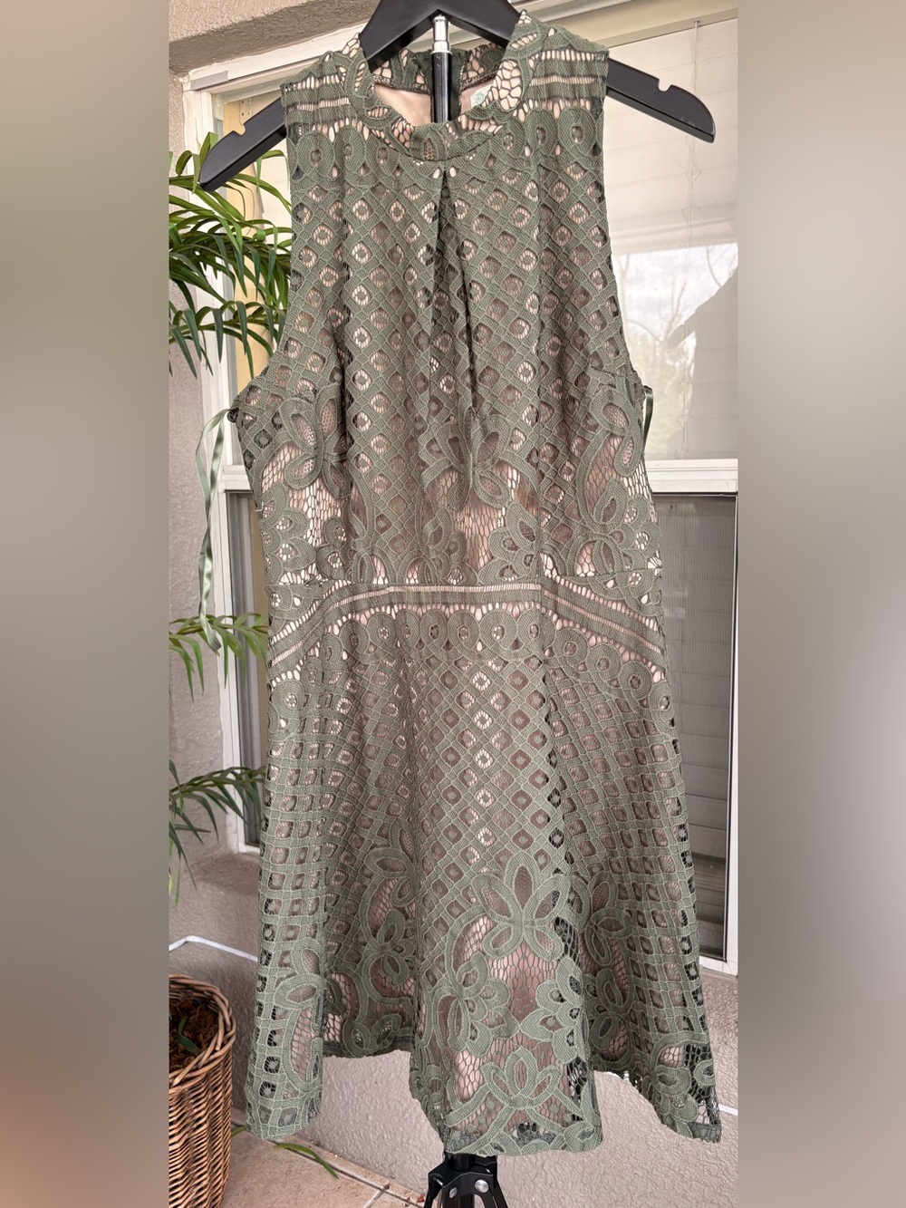 love, Fire Olive Green Lace Fit-and-Flare Dress